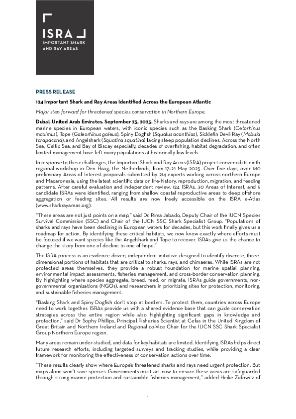 124 Important Shark and Ray Areas Identified Across the European Atlantic